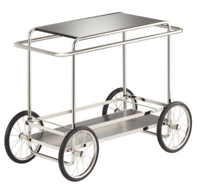 M4R Tecta Konsolwagen: Silberner Barwagen mit zwei Ablageflächen und vier Rädern.